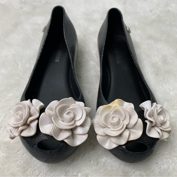 Mini Melissa Other - Mini Melissa Girl's Black Ultragirl Garden Floral Slip On Flat Shoes Size 8-9